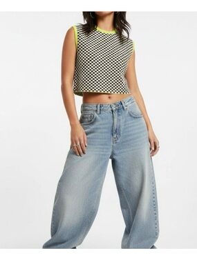 Zara Checkered Knit Crop Top Sleeveless Neon Trim Streetwear Size Large NWOT